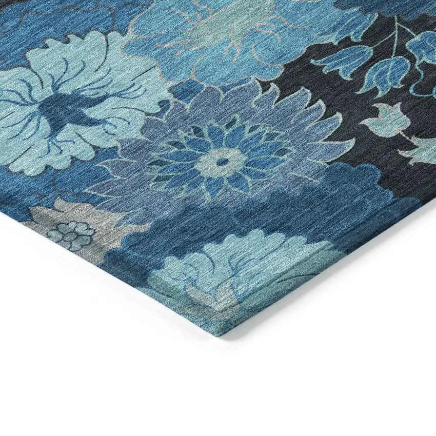 Blue And Black Floral Washable Indoor Outdoor Area Rug Photo 5