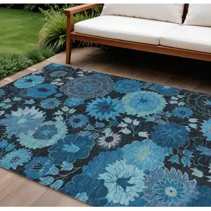Photo of Blue And Black Floral Washable Indoor Outdoor Area Rug