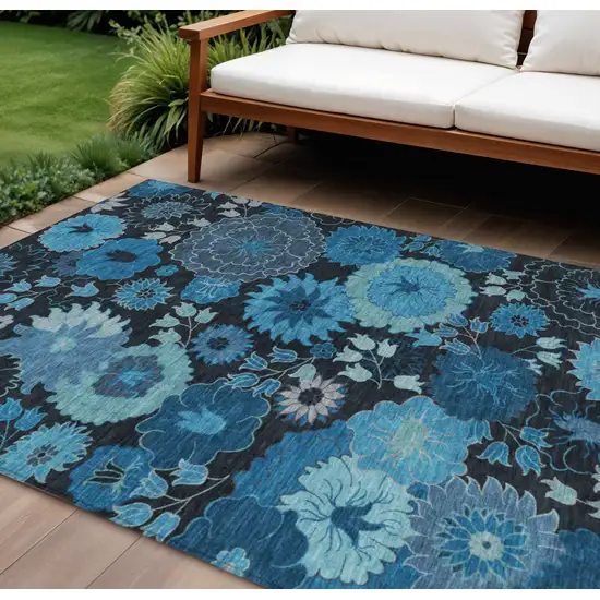 Blue And Black Floral Washable Indoor Outdoor Area Rug Photo 1