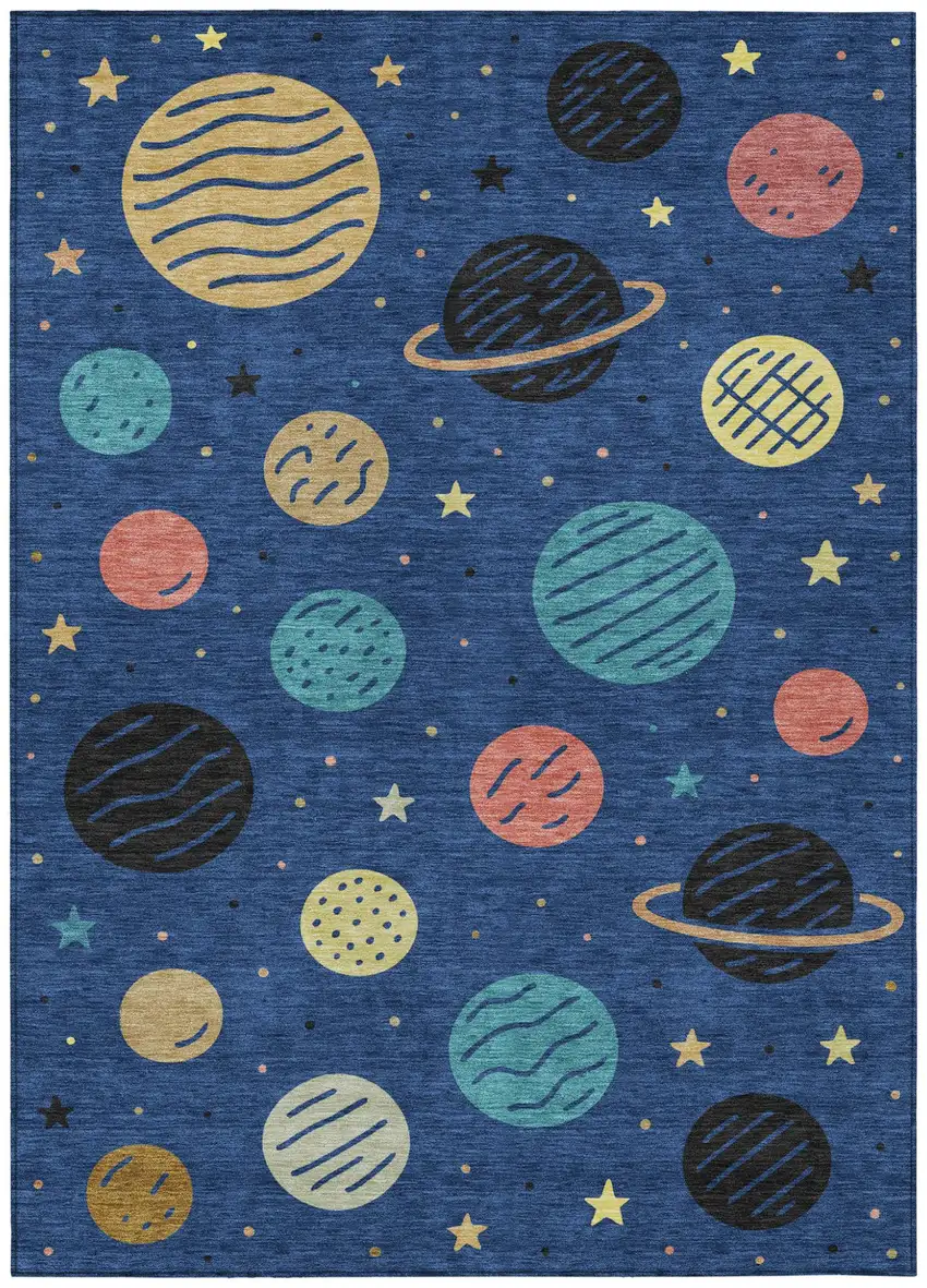 Blue And Black Floral Washable Indoor Outdoor Area Rug Photo 1