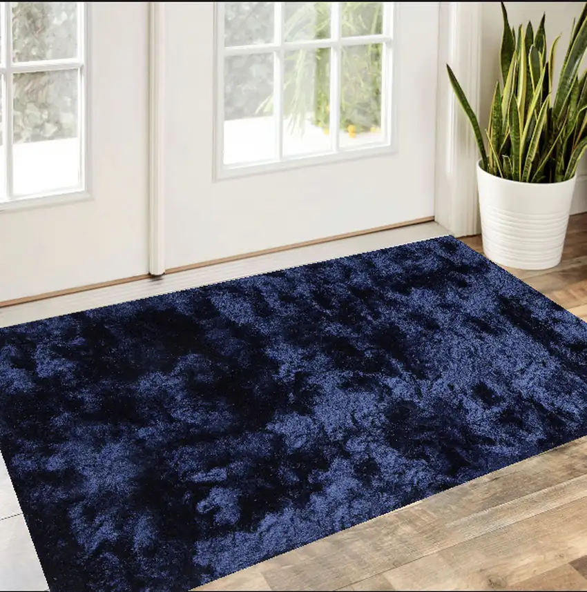 Blue And Black Shag Tufted Handmade Area Rug Photo 1