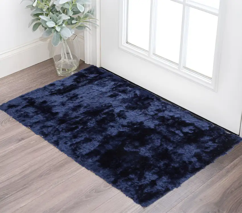 Blue And Black Shag Tufted Handmade Area Rug Photo 1