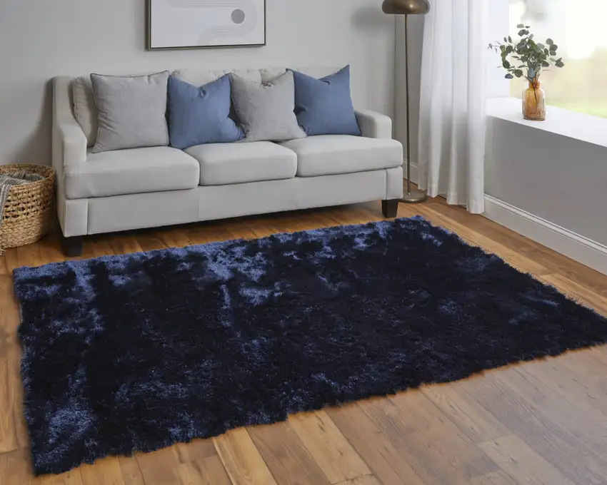 Blue And Black Shag Tufted Handmade Area Rug Photo 6