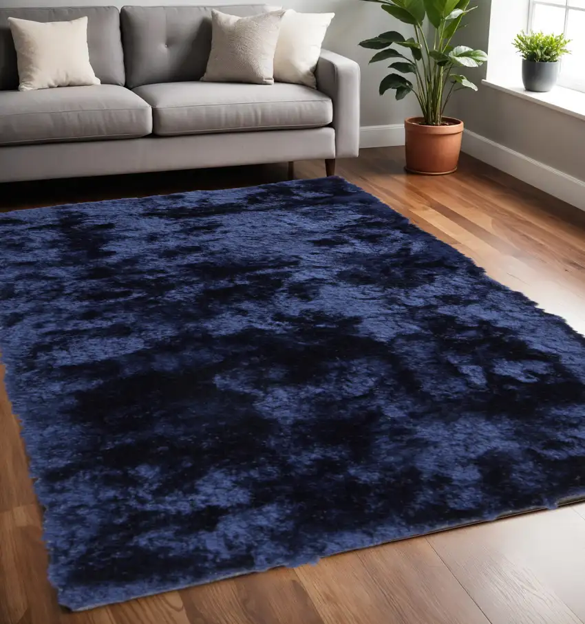 Blue And Black Shag Tufted Handmade Area Rug Photo 1