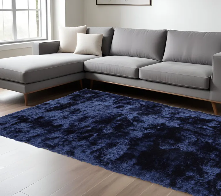 Blue And Black Shag Tufted Handmade Area Rug Photo 3