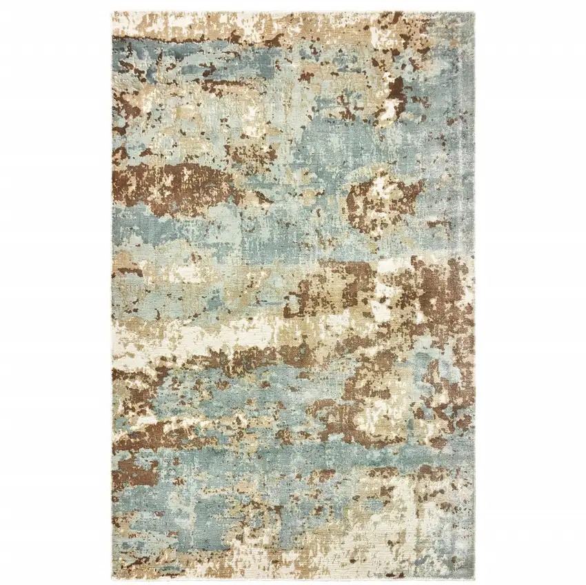 Blue And Brown Abstract Hand Loomed Stain Resistant Area Rug Photo 1