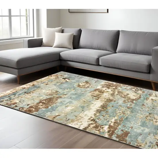 Blue And Brown Abstract Hand Loomed Stain Resistant Area Rug Photo 1