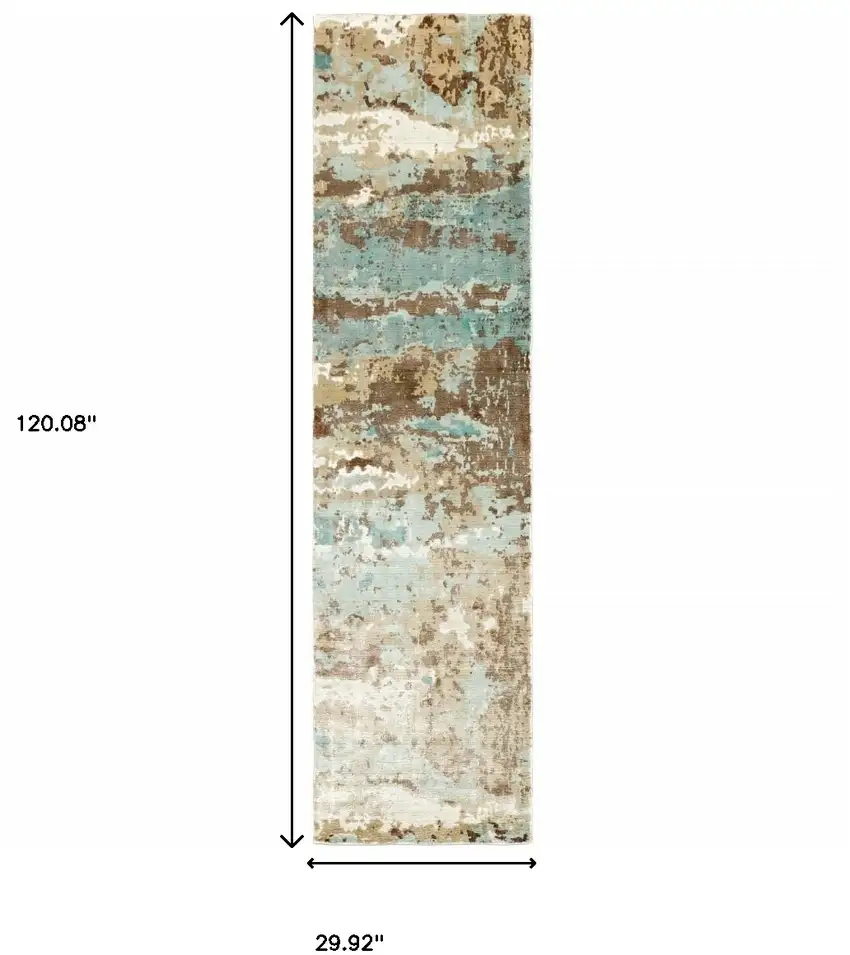 Blue And Brown Abstract Hand Loomed Stain Resistant Runner Rug Photo 6