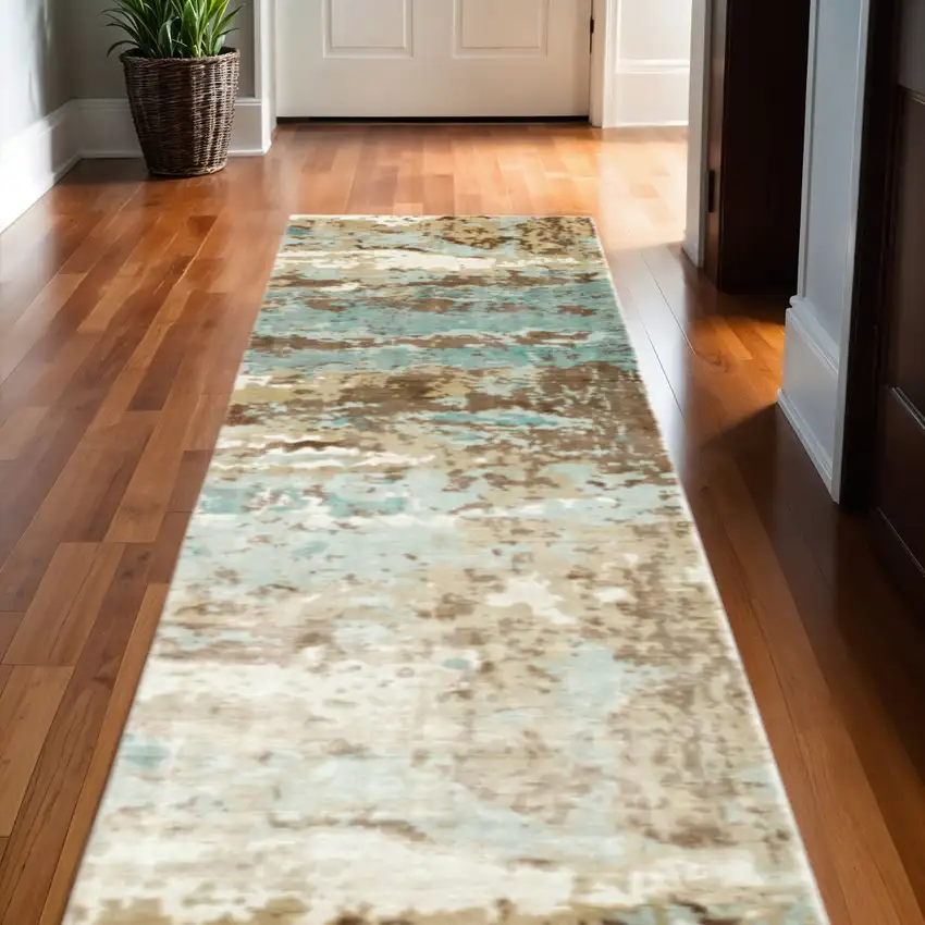 Blue And Brown Abstract Hand Loomed Stain Resistant Runner Rug Photo 1