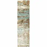 Photo of Blue And Brown Abstract Hand Loomed Stain Resistant Runner Rug