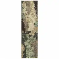 Photo of Blue And Brown Abstract Power Loom Stain Resistant Runner Rug