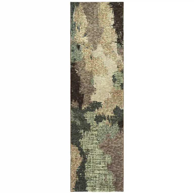 Blue And Brown Abstract Power Loom Stain Resistant Runner Rug Photo 2