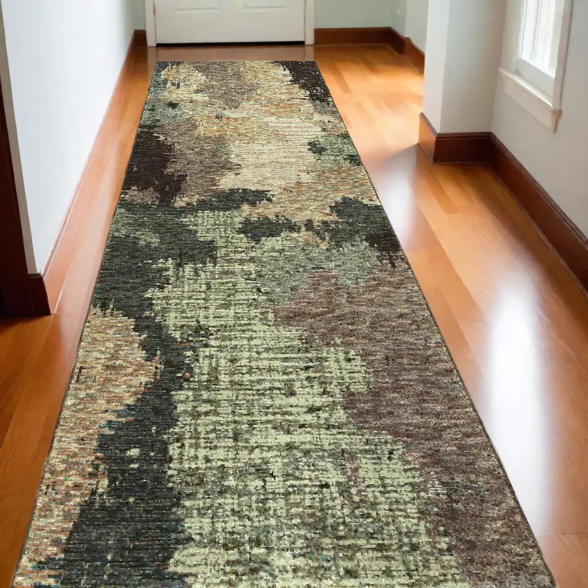 12' Runner Blue and Brown Abstract Power Loom Runner Rug Photo 1