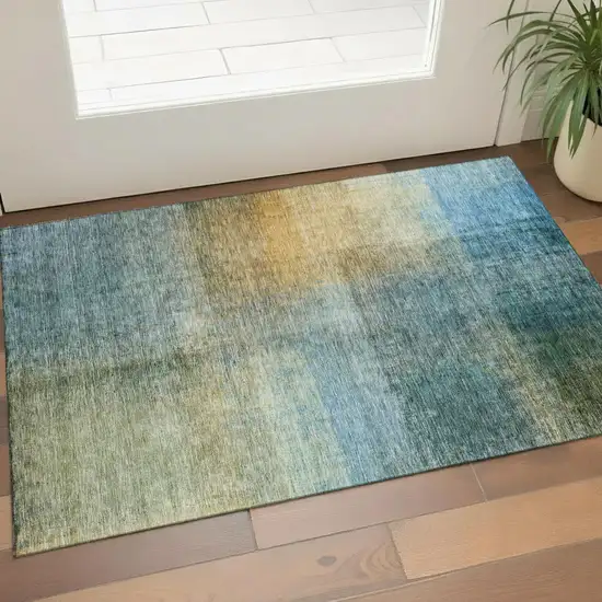 Blue And Brown Abstract Washable Area Rug With UV Protection Photo 1