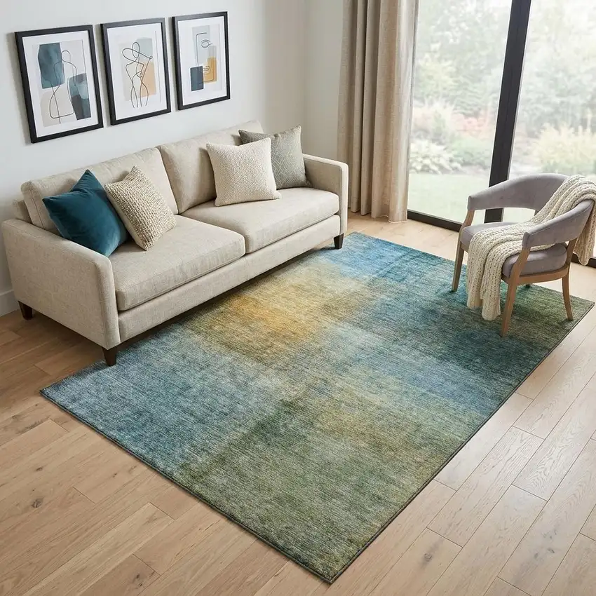 Blue And Brown Abstract Washable Area Rug With UV Protection Photo 1