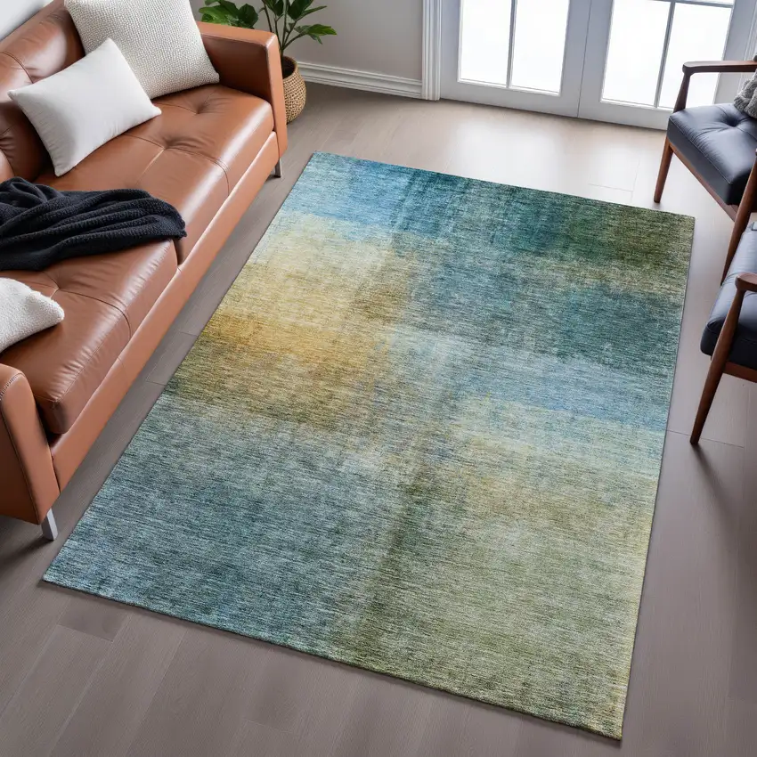 Blue And Brown Abstract Washable Area Rug With UV Protection Photo 4