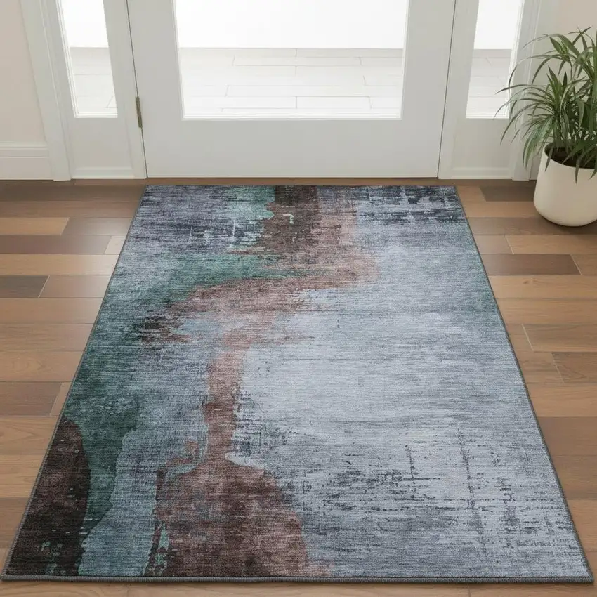 Blue And Brown Abstract Washable Area Rug With UV Protection Photo 2