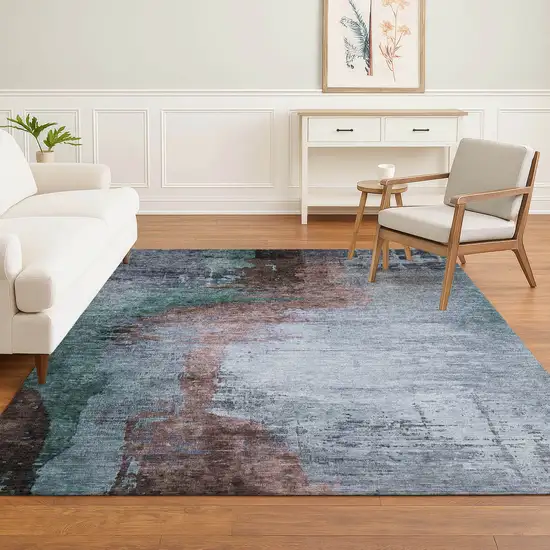 Blue And Brown Abstract Washable Area Rug With UV Protection Photo 5