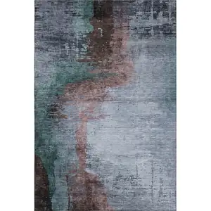Photo of Blue And Brown Abstract Washable Area Rug With UV Protection
