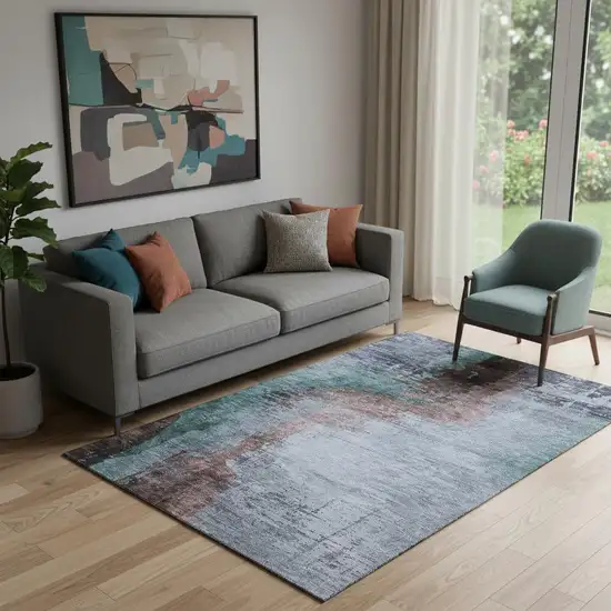 Blue And Brown Abstract Washable Area Rug With UV Protection Photo 2