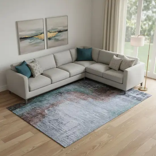 Blue And Brown Abstract Washable Area Rug With UV Protection Photo 2