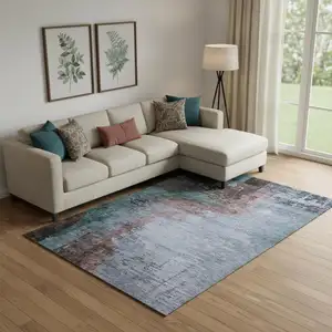 Photo of Blue And Brown Abstract Washable Area Rug With UV Protection