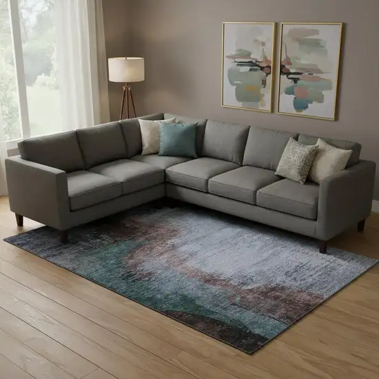 Blue And Brown Abstract Washable Area Rug With UV Protection Photo 2