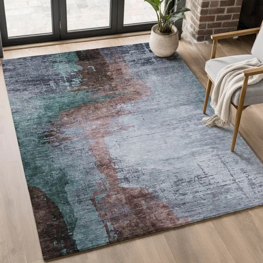 Blue And Brown Abstract Washable Area Rug With UV Protection Photo 5