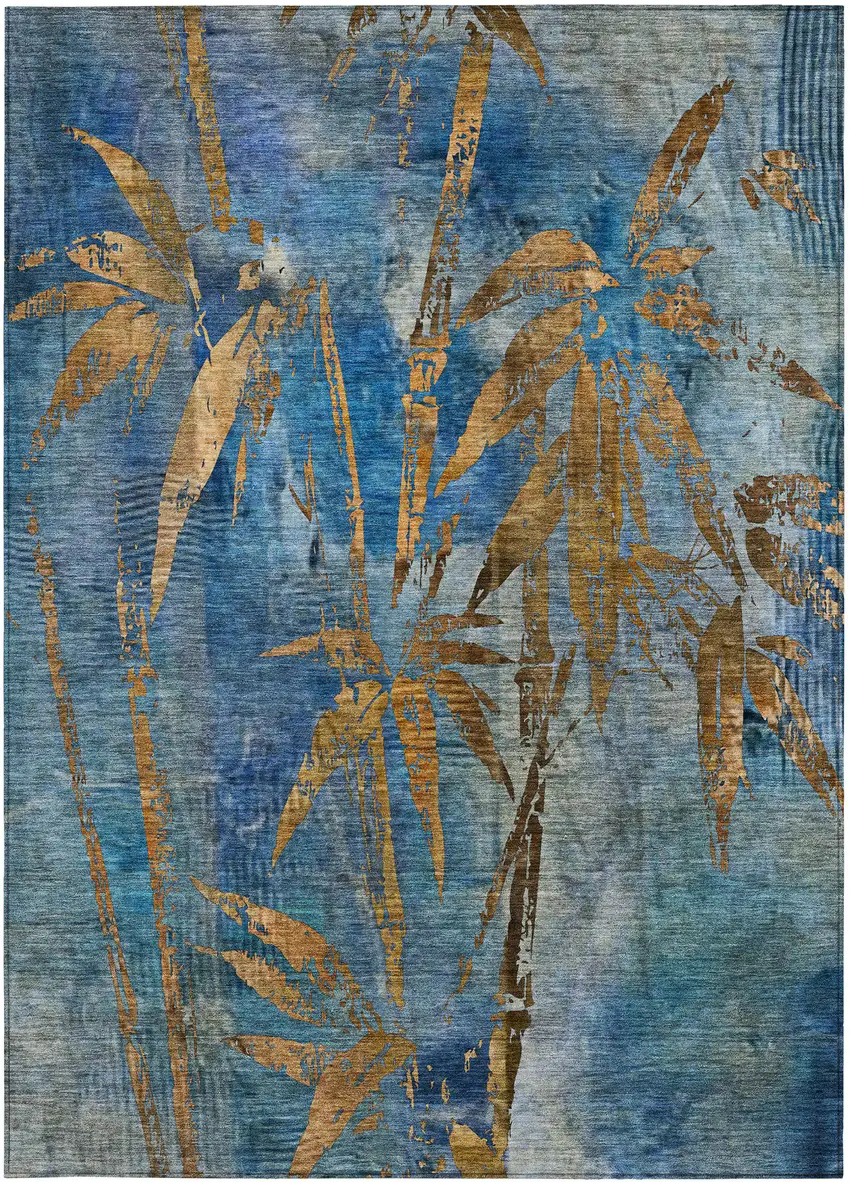 Blue And Brown Botanical Leaves Washable Indoor Outdoor Area Rug Photo 3