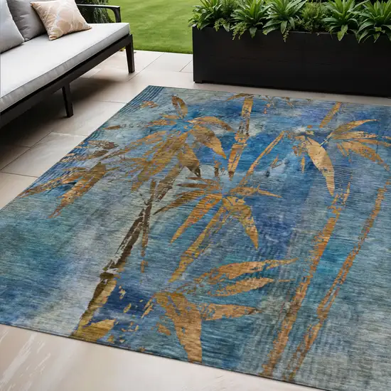 Blue And Brown Botanical Leaves Washable Indoor Outdoor Area Rug Photo 2