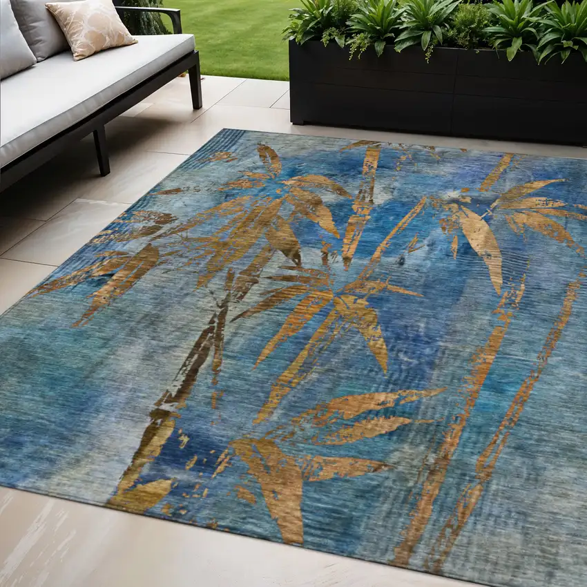 Blue And Brown Botanical Leaves Washable Indoor Outdoor Area Rug Photo 2