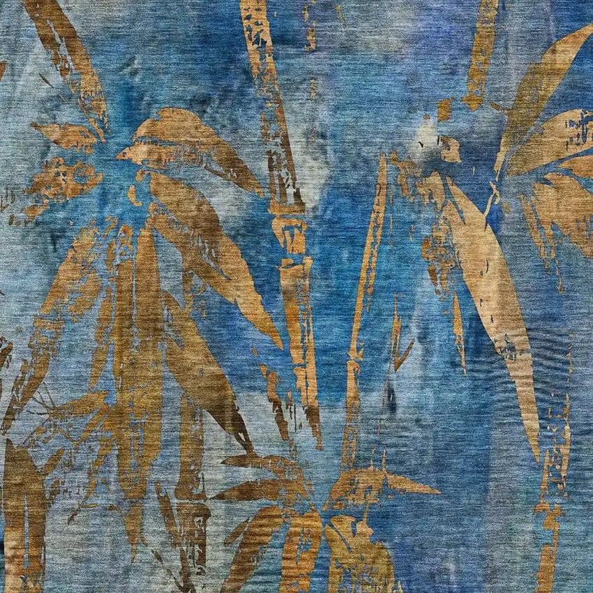 Blue And Brown Botanical Leaves Washable Indoor Outdoor Area Rug Photo 5