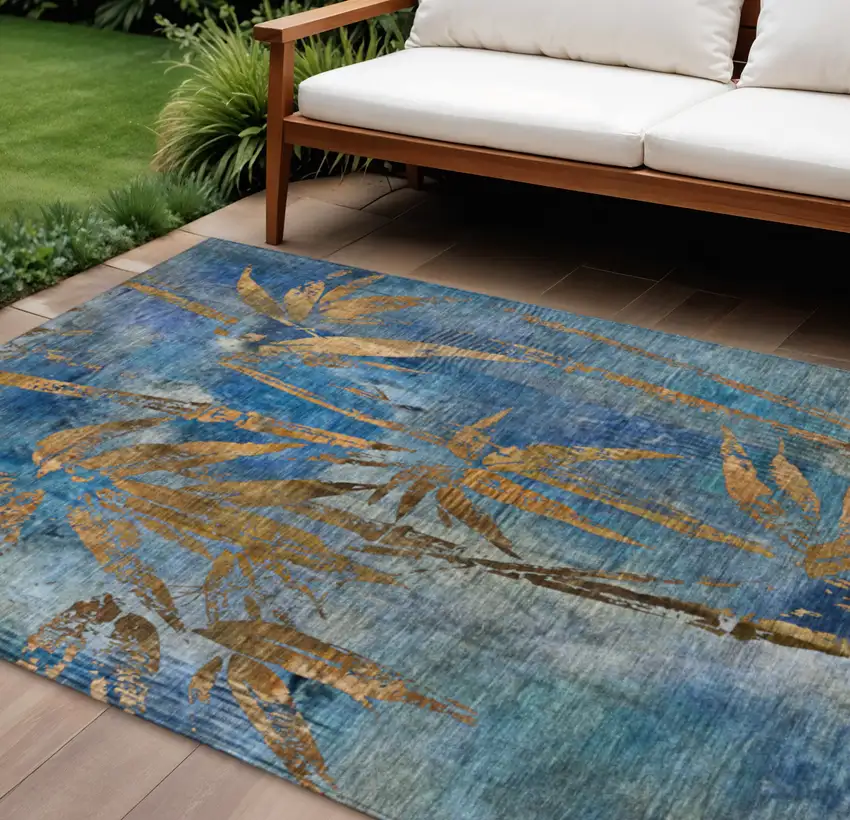 Blue And Brown Botanical Leaves Washable Indoor Outdoor Area Rug Photo 2