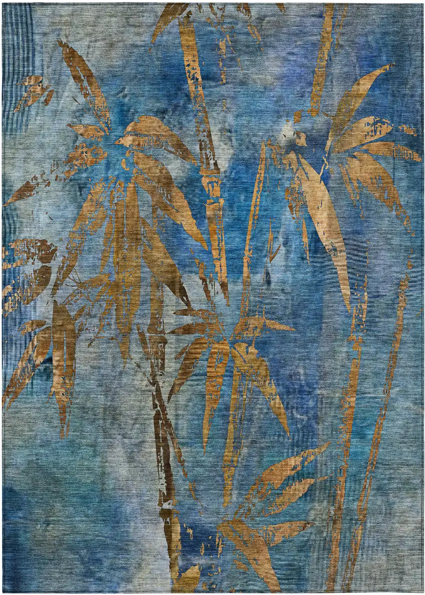 Blue And Brown Botanical Leaves Washable Indoor Outdoor Area Rug Photo 1