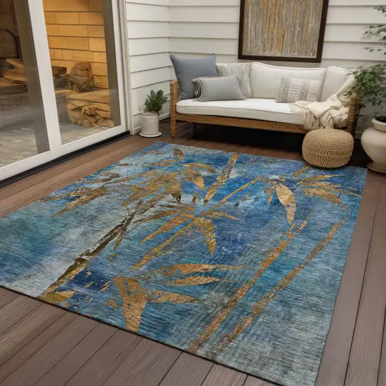 Blue And Brown Botanical Leaves Washable Indoor Outdoor Area Rug Photo 8