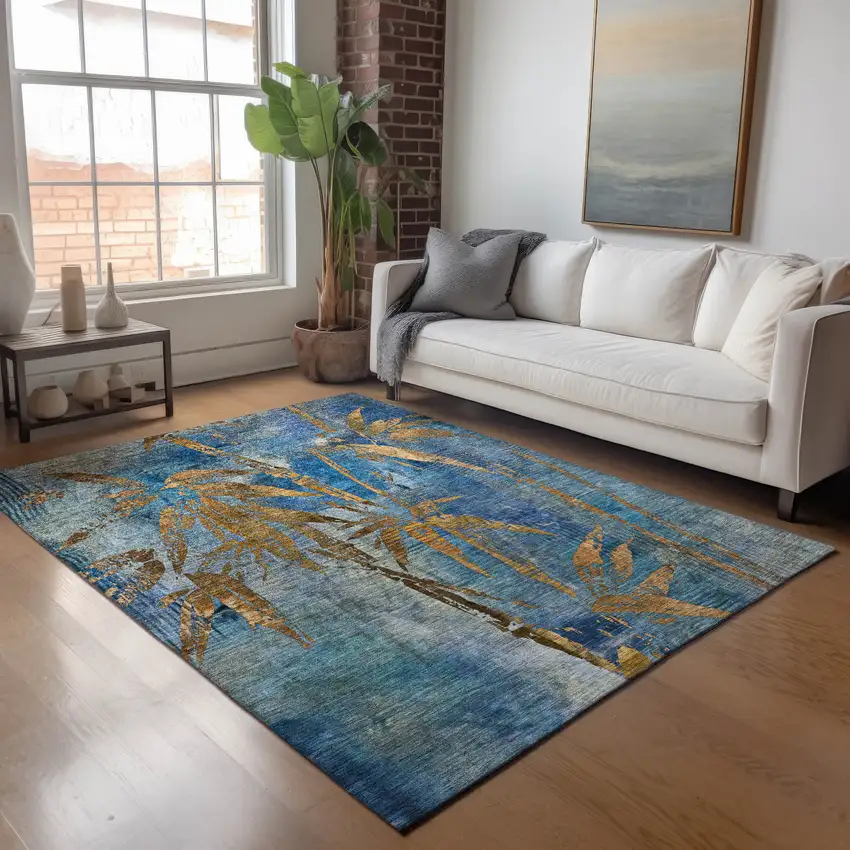 Blue And Brown Botanical Leaves Washable Indoor Outdoor Area Rug Photo 7