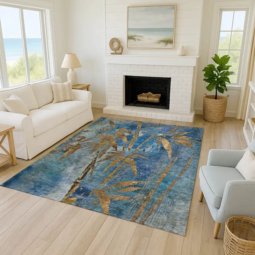 Blue And Brown Botanical Leaves Washable Indoor Outdoor Area Rug Photo 6