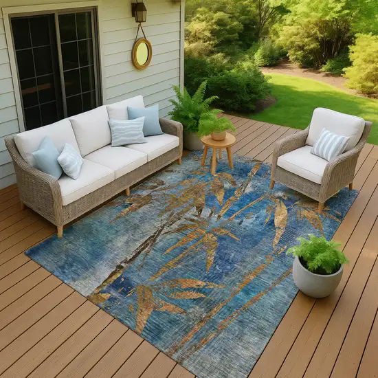 Blue And Brown Botanical Leaves Washable Indoor Outdoor Area Rug Photo 7