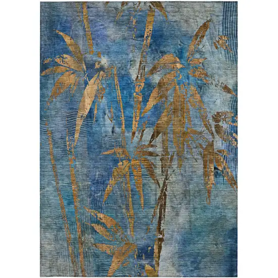 Blue And Brown Botanical Leaves Washable Indoor Outdoor Area Rug Photo 3