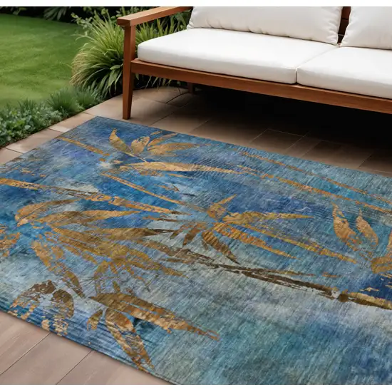 Blue And Brown Botanical Leaves Washable Indoor Outdoor Area Rug Photo 2