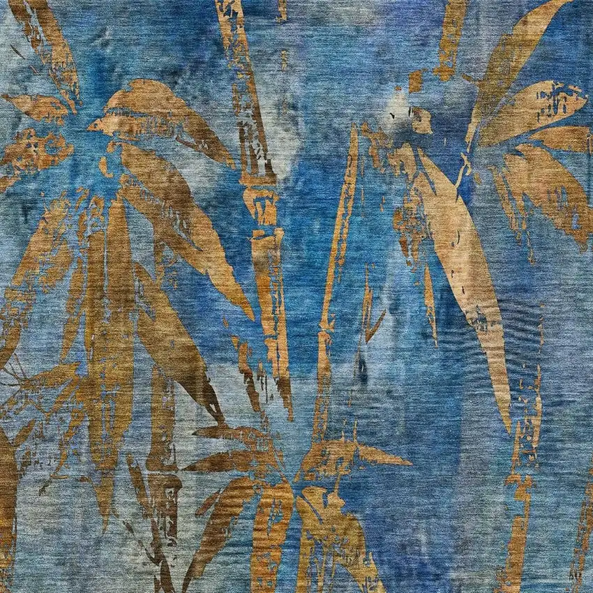 Blue And Brown Botanical Leaves Washable Indoor Outdoor Area Rug Photo 5