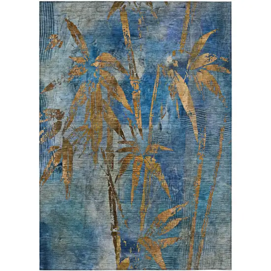 Blue And Brown Botanical Leaves Washable Indoor Outdoor Area Rug Photo 1