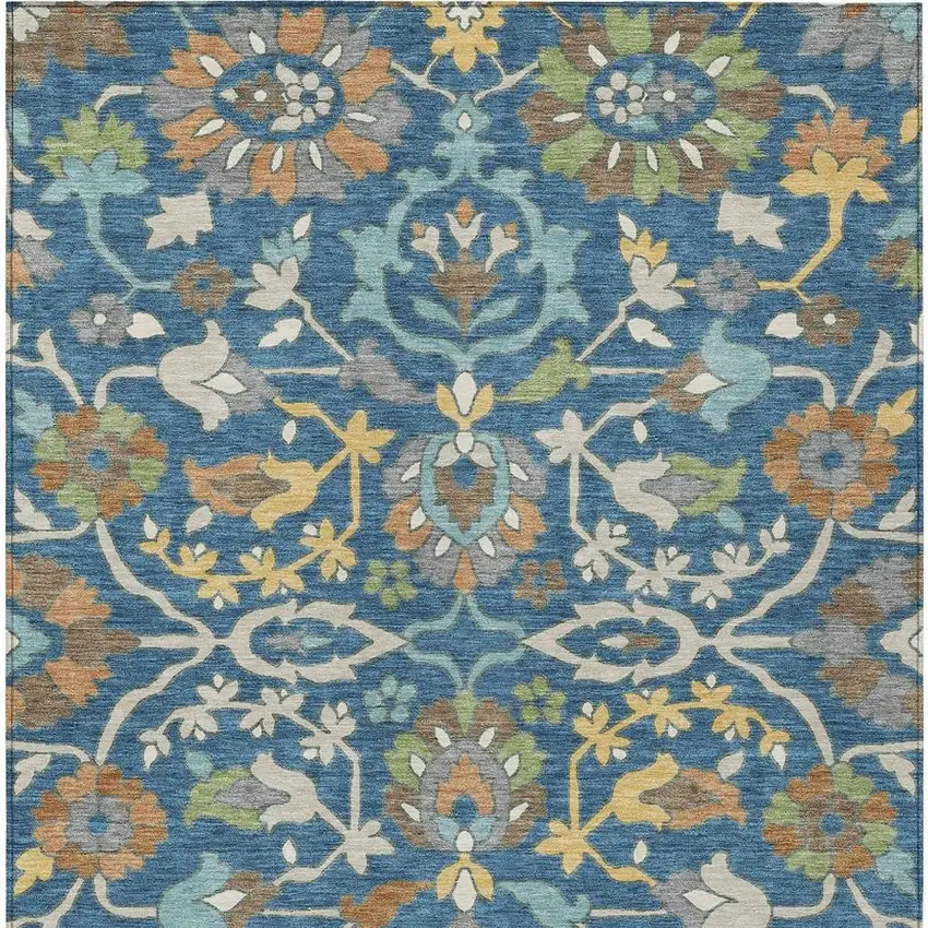 Blue And Brown Floral Washable Indoor Outdoor Area Rug Photo 3