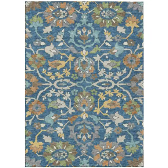 Blue And Brown Floral Washable Indoor Outdoor Area Rug Photo 1