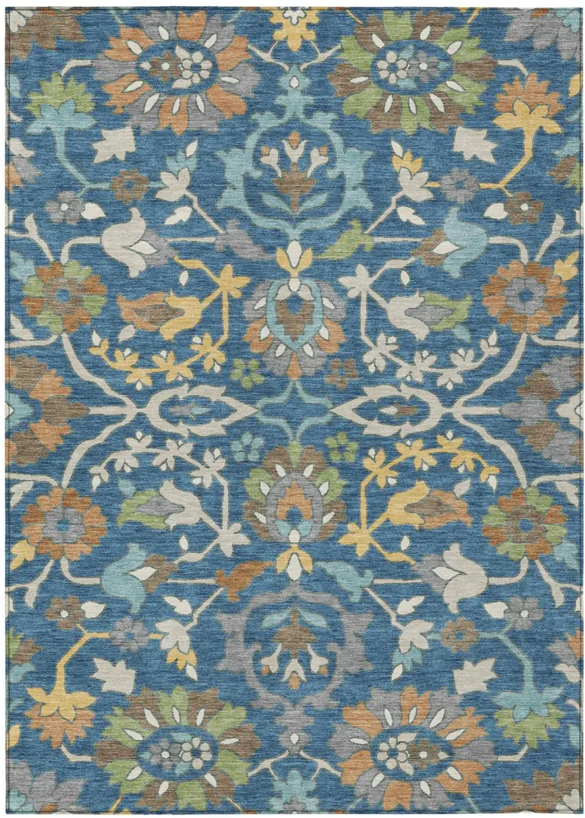 Blue And Brown Floral Washable Indoor Outdoor Area Rug Photo 1