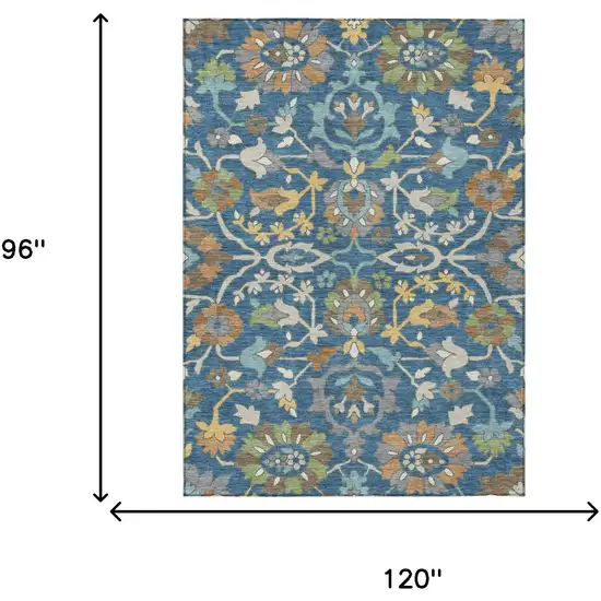 Blue And Brown Floral Washable Indoor Outdoor Area Rug Photo 6