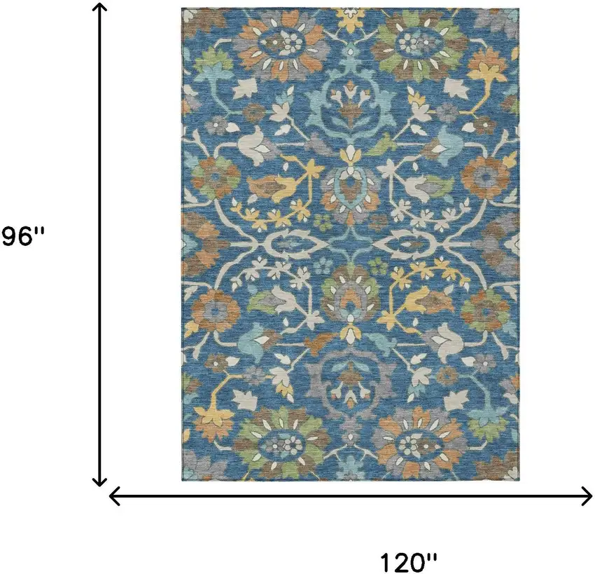 Blue And Brown Floral Washable Indoor Outdoor Area Rug Photo 6