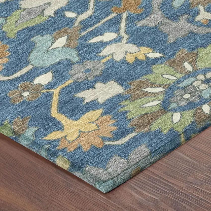 Blue And Brown Floral Washable Indoor Outdoor Area Rug Photo 4