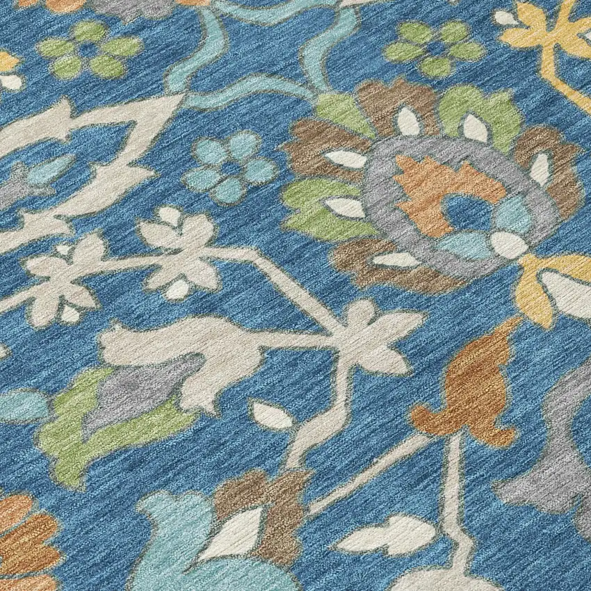 Blue And Brown Floral Washable Indoor Outdoor Area Rug Photo 5