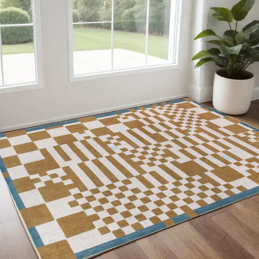 Blue And Brown Geometric Washable Area Rug Photo 1